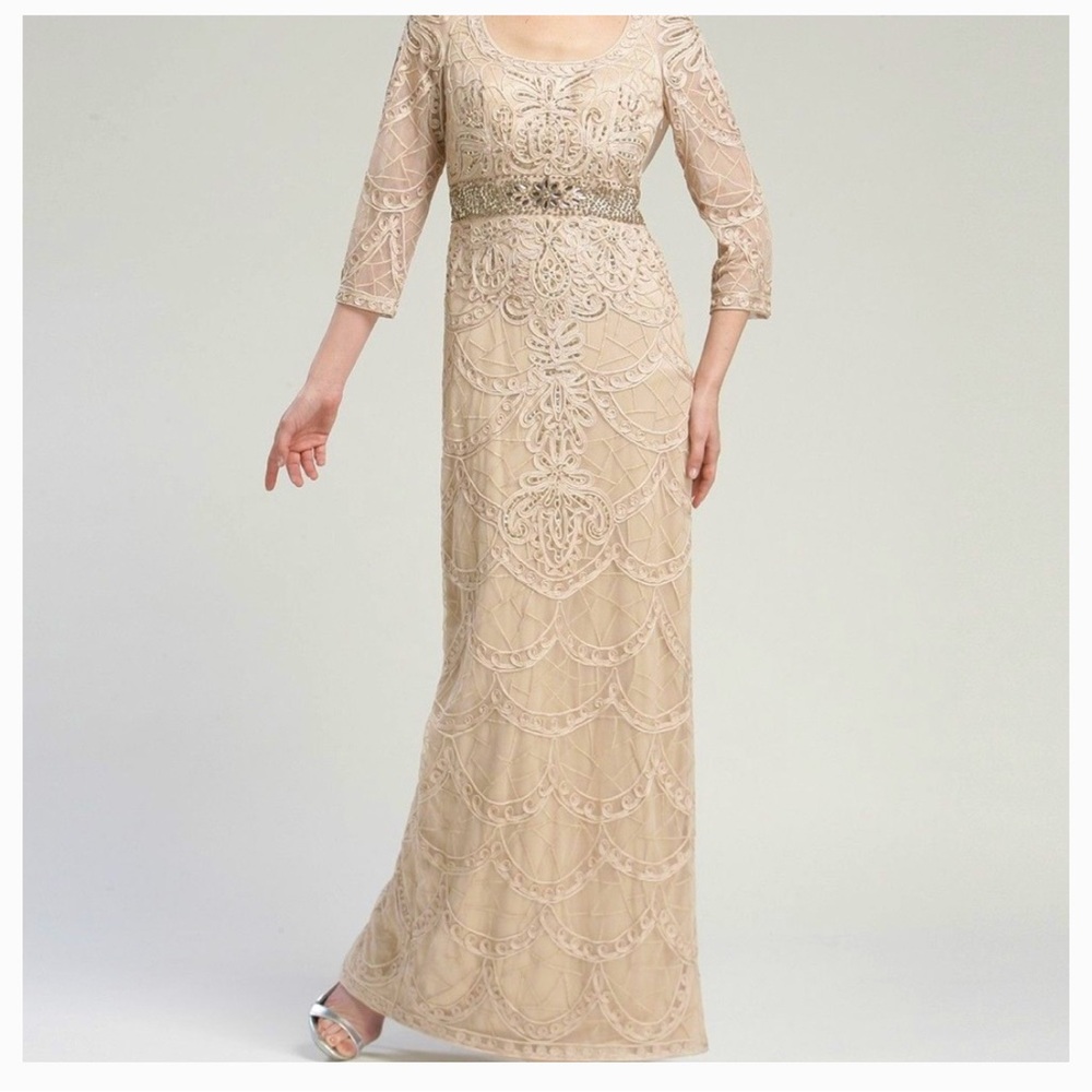 Sue Wong Elegant Embellished Long Sleeve Evening Dress - Beige